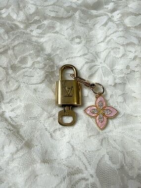 #302 Louis Vuitton Gold Tone Padlock and Key with Pink Fleur Charm